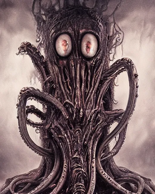 Image similar to gruesome creature with long tentacles and many eyes, endless eye, glowing eyes, too many eyes, midnight fog - mist!, dark oil painting colors, realism, cinematic lighting, various refining methods, micro macro autofocus, ultra definition, award winning photo, photograph by ghostwave - gammell - giger - shadowlord