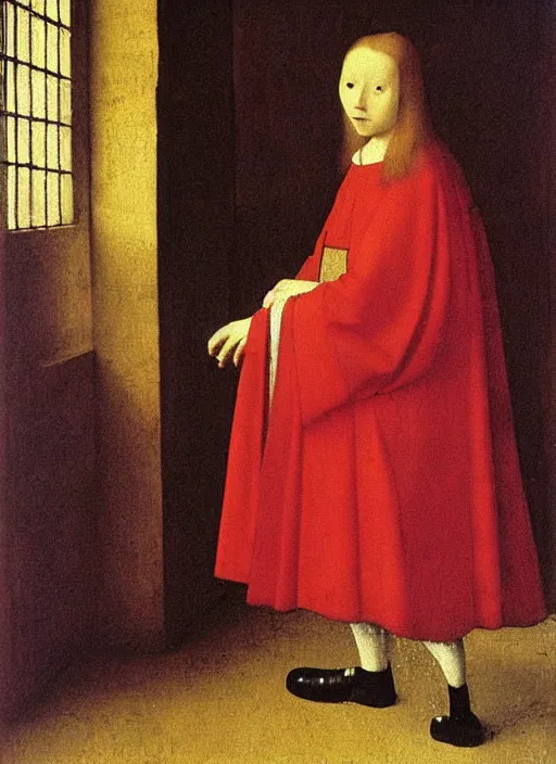 Image similar to red shoes, medieval painting by jan van eyck, johannes vermeer