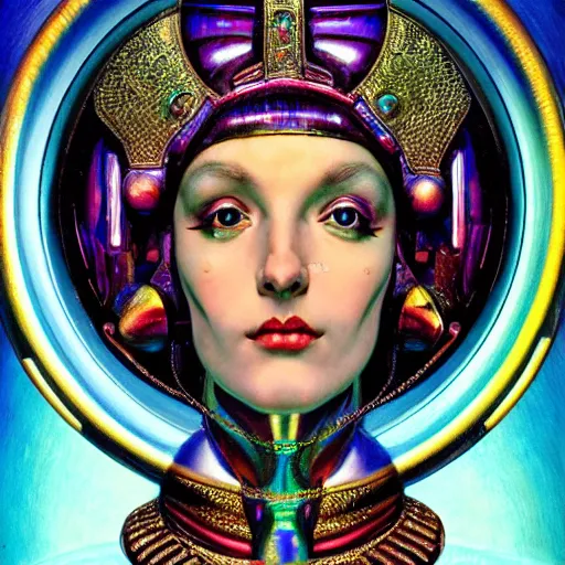 Image similar to close - up renaissance portrait of an iridescent art deco android priestess, reflective detailed textures, highly detailed fantasy science fiction painting by moebius, norman rockwell and william holman hunt and syd mead. elaborate geometric ornament, rich colors, high contrast. artstation