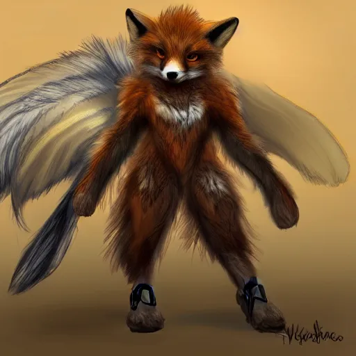 Prompt: Illustration of a cute young looking anthro fox with wings wearing valkyrie armor, digital art, character concept art