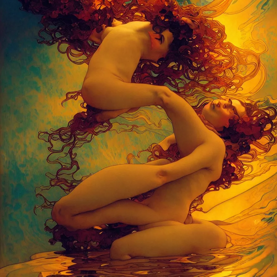 Image similar to transcendent mind bending indigo waves of glossy psychedelic liquid honey flowing like kaleidoscopic translucent amber, lsd waves, honey ripples, enlightenment, dramatic professional lighting, refracted sunset lighting, art by collier, albert aublet, krenz cushart, artem demura, alphonse mucha