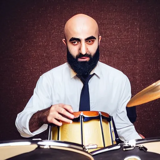 Prompt: bald arab guy with a beard playing on a professional drum kit, extremely detailed, realistic, soft lighting