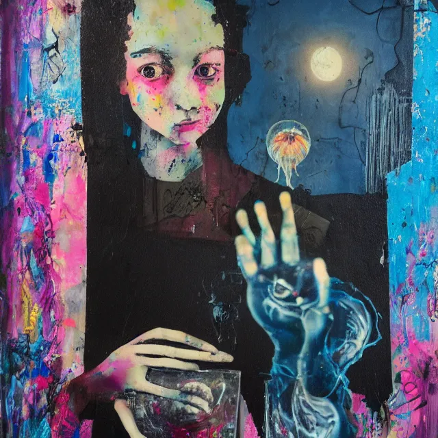 Prompt: a portrait in a dark apartment, moonlight from a window, a female art student holding a jellyfish, milk puddles, berries, broken bottles, metaphysical, neo - expressionism, surrealism, acrylic and spray paint and oilstick on canvas