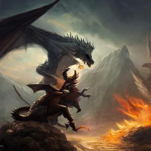 Image similar to corgi fighting a dragon, epic fantasy style, in the style of Greg Rutkowski, mythology artwork