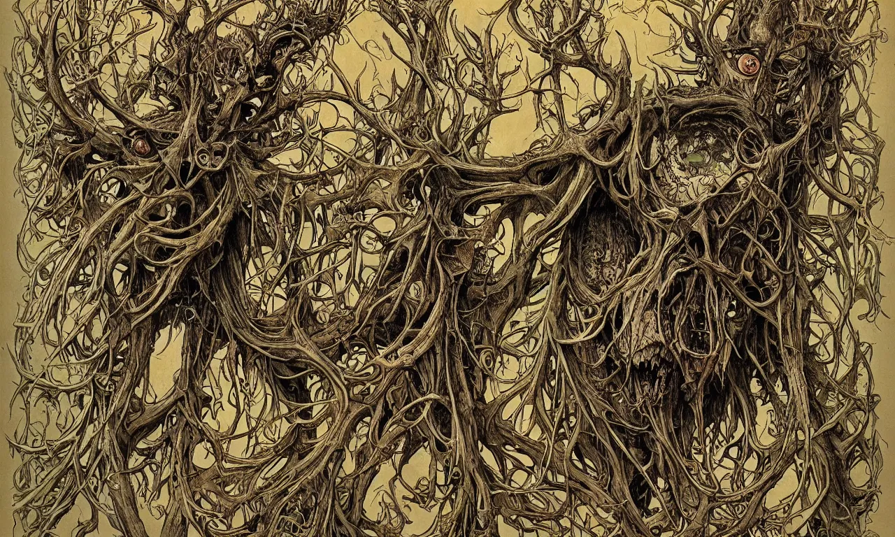 Image similar to hyperdetailed art nouveau portrait of treebeard as a cthulhu eyeball skull wendigo cryptid, by geof darrow, simon bisley and bill sienkiewicz, grim yet sparkling atmosphere, photorealism, claws, skeleton, antlers, fangs, forest, wild, crazy, horror, lynn varley, lovern kindzierski, steve oliff