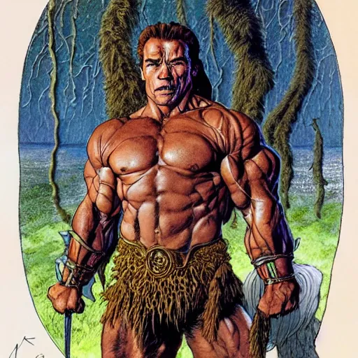 Prompt: a realistic and atmospheric portrait of arnold schwarzenegger as a druidic warrior wizard looking at the camera with an intelligent gaze by rebecca guay, michael kaluta, charles vess and jean moebius giraud