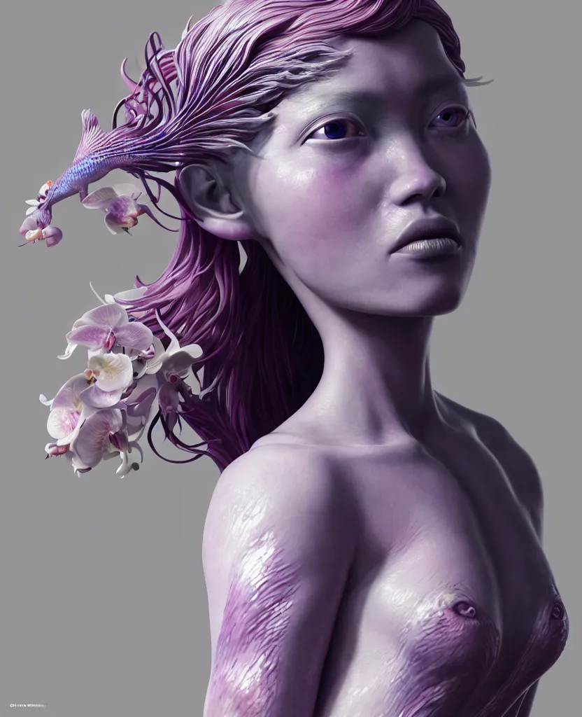 Image similar to goddess full painted acryllic sculpture close-up portrait. orchid bird betta fish, intricate artwork by Tooth Wu and wlop and beeple. octane render, trending on artstation, greg rutkowski very coherent symmetrical artwork. cinematic, hyper realism, high detail, octane render, 8k