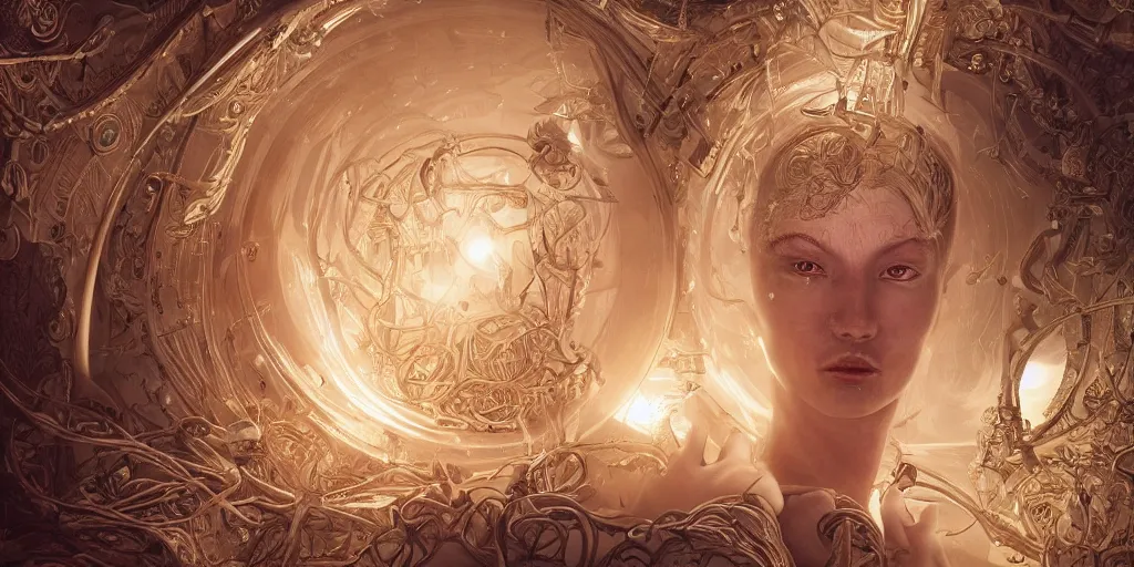 Prompt: hyperrealistic photography of a highly detailed and symmetrical gorgeous nordic female scientist constructing a golden baroque time machine in the style of Jin Kagetsu, James Jean and wlop, face symmetry, highly detailed, masterpiece, award-winning, sharp focus, intricate concept art, ambient lighting, 8k, artstation