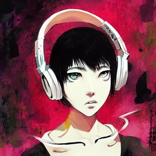 Prompt: cool girl with headphones, expressive sumi-e brush strokes flowing through the composition energetically, sound waves, powerful zen composition, by takehiko inoue and ross tran