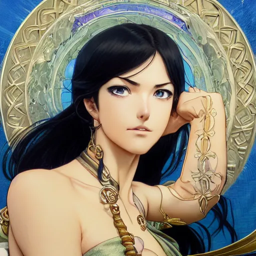 Image similar to highly detailed vfx portrait of nico robin by eiichiro oda!, makoto shinkai, alphonse mucha, msterpriece, art by artgerm and greg rutkowski!, blue eyes!!, large aquiline nose!!, gaston bussiere, stanley kubrick, kaoru mori, intricately detailed, behance, 4 k, hdr