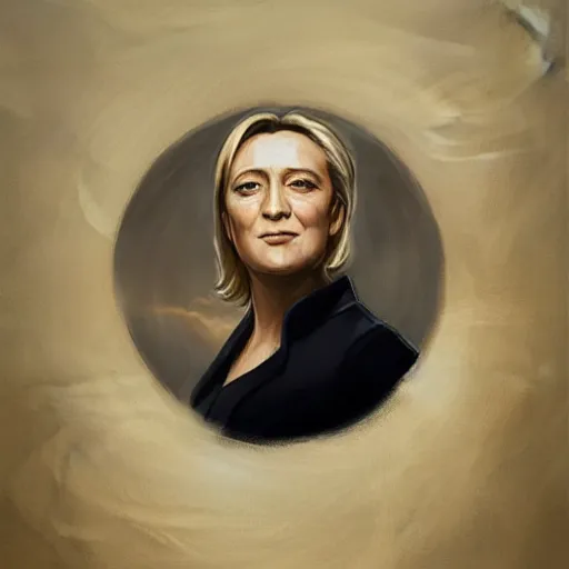 Image similar to Portrait of Marine le Pen , french revolution, heroic, amazing splashscreen artwork, splash art, head slightly tilted, natural light, elegant, intricate, fantasy, atmospheric lighting, cinematic, matte painting, detailed face, by Greg rutkowski