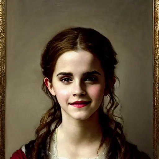 Prompt: Painting of Emma Watson as Hermione Granger. Smiling. Happy. Cheerful. Art by william adolphe bouguereau. Extremely detailed. Beautiful. 4K. Award winning.
