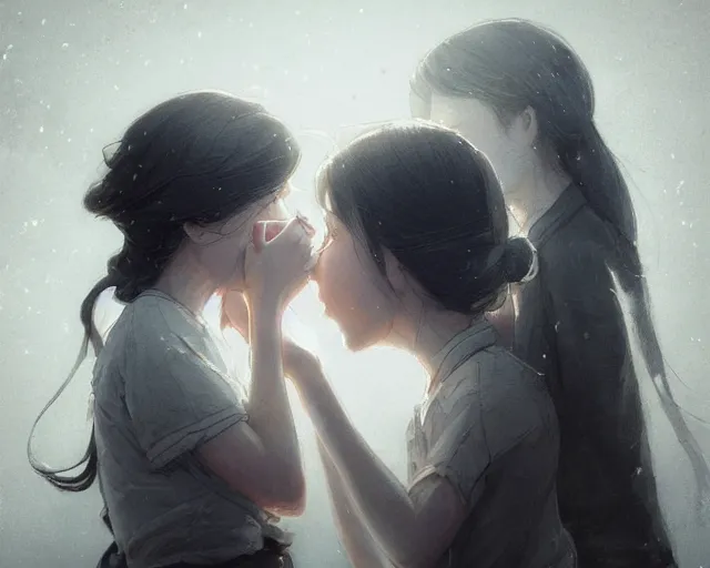 Image similar to two girls kissing and hugging, sharp details, sharp focus, elegant, highly detailed, illustration, by jordan grimmer and greg rutkowski and pine ( ハイネ ) and 薯 子 imoko and 香 川 悠 作 and wlop and maya takamura, intricate, beautiful, trending artstation, pixiv, digital art