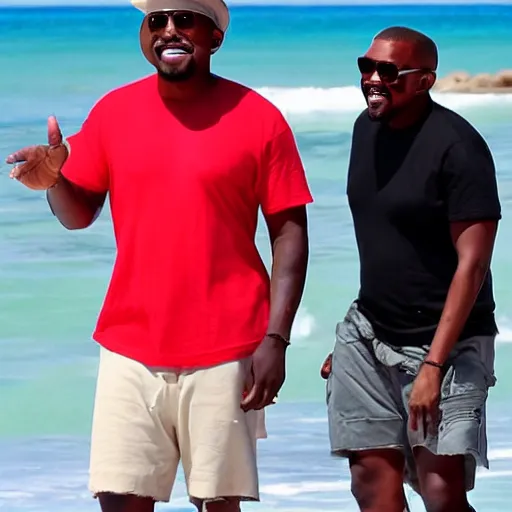 Image similar to elon musk and kanye west laughing chilling at the beach in aruba