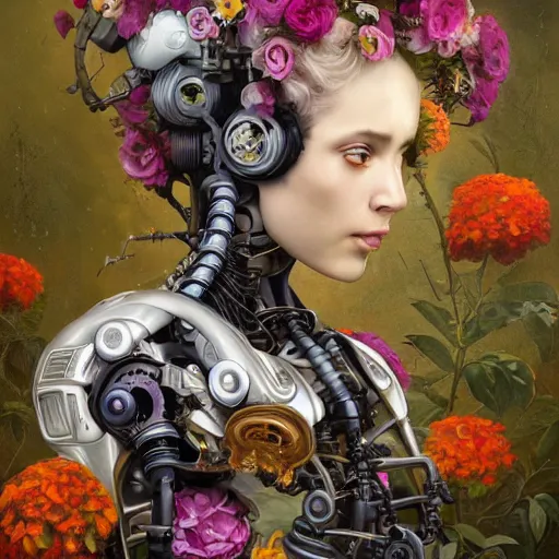 Image similar to a beautiful intricate fine art portrait photo of a farewell moment between lovers, a mechanical industrial steampunk cybernetic robot and a human overgrown with colorful flowers and leaves by tom bagshaw and zach sutton, golden ratio composition, studio lighting, 50mm lens, very detailed, bionic, cybernetic scifi, deep depth of field, artstation, 8K, highly coherent