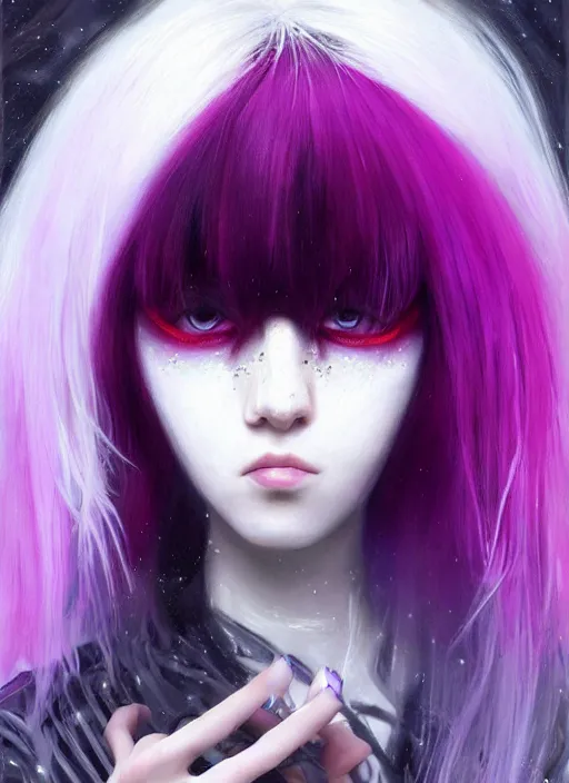 Image similar to hair whitebangs hair, white cyberlox, portrait of normal teenage girl, normal face, black bangs, messy bangs, fluffy bangs, cyberlox, whitebangs, red contact lenses, purple background, intricate, elegant, highly detailed, digital painting, artstation, concept art, sharp focus, smooth, illustration, art by wlop, mars ravelo and greg rutkowski