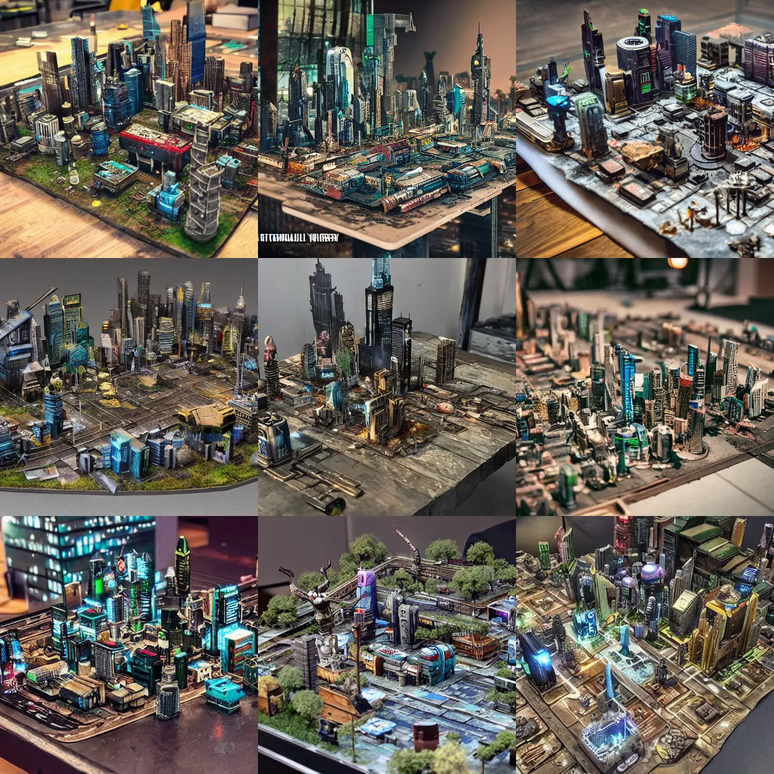 Prompt: realistic miniature cyberpunk city on a table