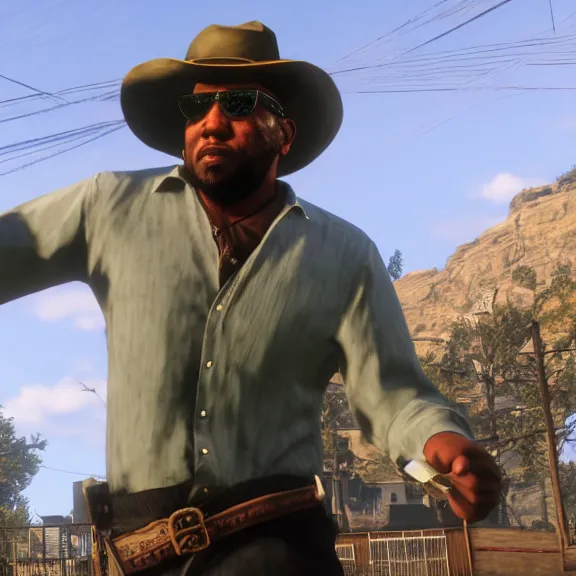 Prompt: screenshot of big smoke in red dead redemption 1, wearing a green buttoned shirt, grey trilby hat and thick square frame glasses, bulging belly, playing baseball