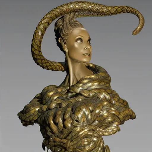 Prompt: a statue of a woman with snakes on her head, a bronze sculpture by lynda benglis, featured on zbrush central, baroque, zbrush, rococo, flemish baroque