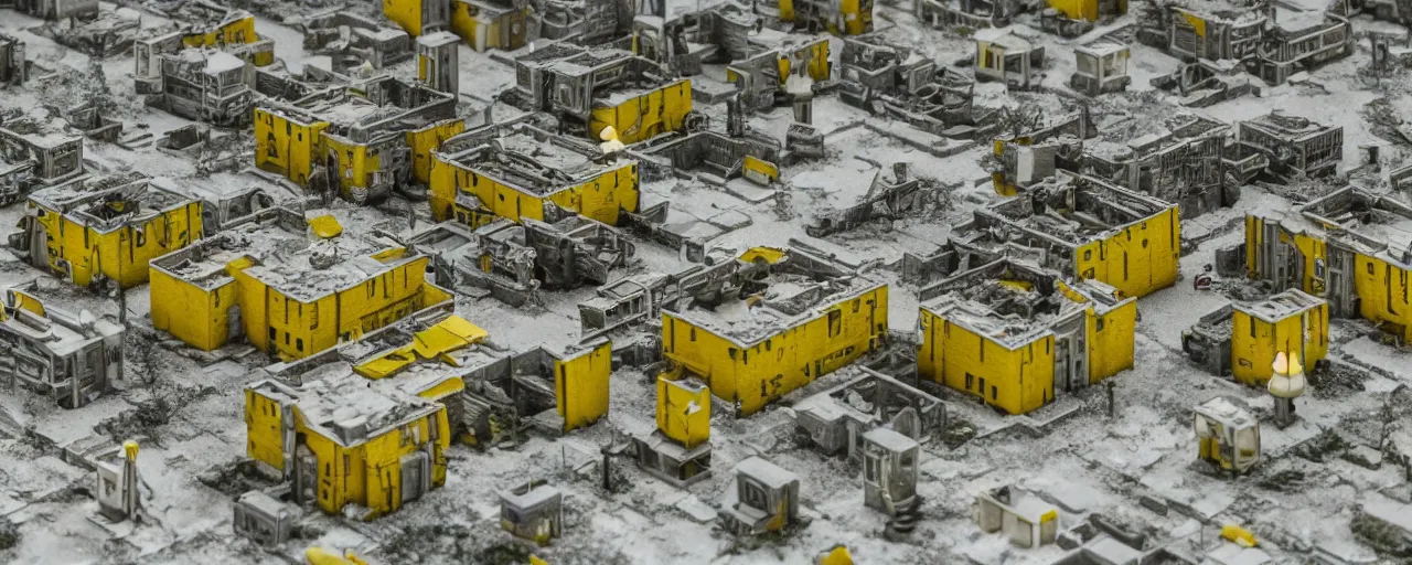 Image similar to mega detailed miniature voxel diorama abandoned research facility, brutalism architecture, tilt shift suburban, hard lights are on in the windows, dark night, fog, winter, blizzard, uncozy and not peaceful atmosphere, row of street lamps with cold yellow light, several ruins nearby, cold war era 1 9 6 0