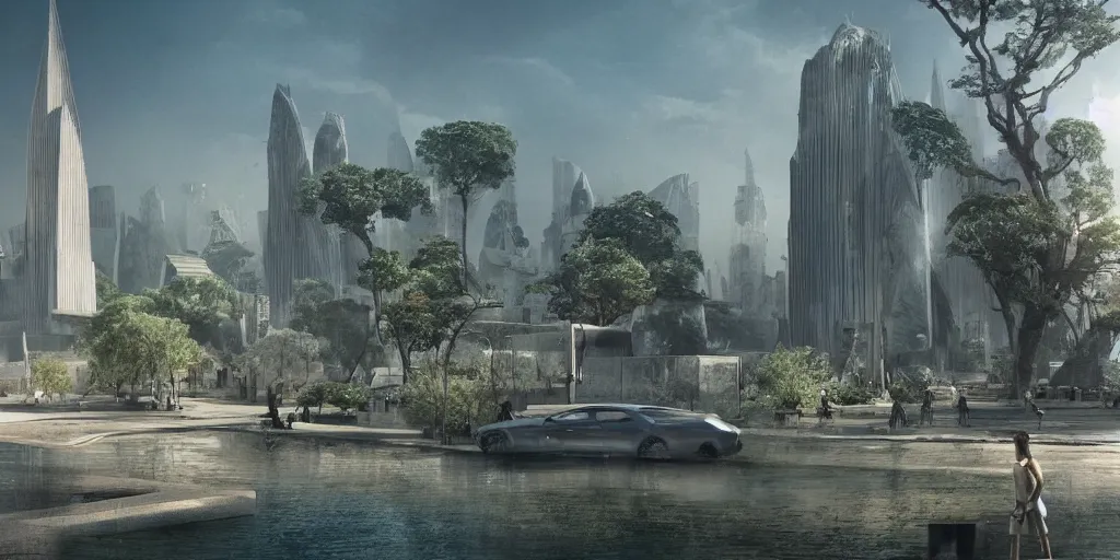 Prompt: city and temples in brutalism, gigantism, aad arab architectural style, but it is an oasis with trees and water, composition idea concept art for movies, style of denis villeneuve and greg fraiser