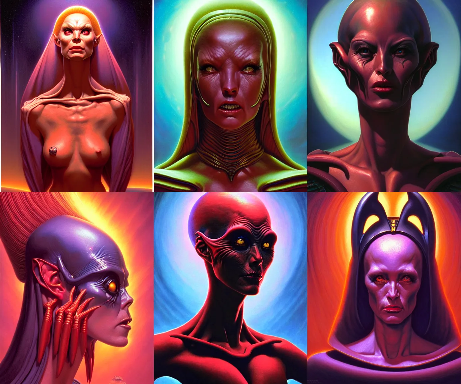 Prompt: cinematic bust portrait of malevolent female extraterrestrial queen, head and chest only, exotic alien features, Tim Hildebrandt, Wayne Barlowe, Bruce Pennington, donato giancola, boris vallejo, oil on canvas, masterpiece, trending on artstation, featured on pixiv, cinematic composition, dramatic pose, beautiful lighting, sharp, details, hyper-detailed, HD, HDR, 4K, 8K