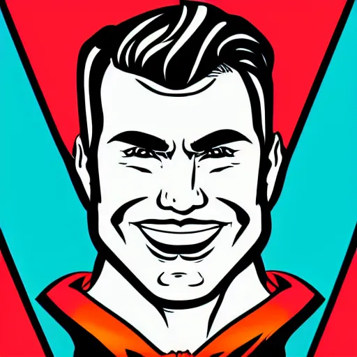 Image similar to pop art cartoon style, handsome, superhero, male with sharp chin, big smile, cartoon network, portrait