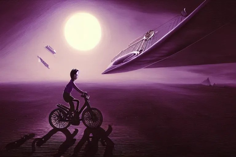 Prompt: kid rides a bicycle waving good bye to the airship at sunset, in the style of giger, intricate and epic composition, purple by caravaggio, insanely quality, highly detailed, masterpiece, purple light, artstation, 4 k