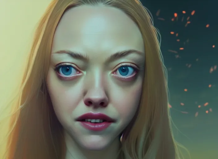 Image similar to a film still portrait of amanda seyfried as fried chicken, finely detailed features, closeup of face, cinematic lighting, perfect art, night cyberpunk city, intricate, anime, gapmoe grimdark, artstation, trending on pixiv fanbox, painted by greg rutkowski makoto shinkai takashi takeuchi studio ghibli, akihiko yoshida, 4 k