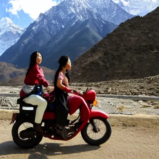 Prompt: Two japanese women riding motorbikes through the Himalayas