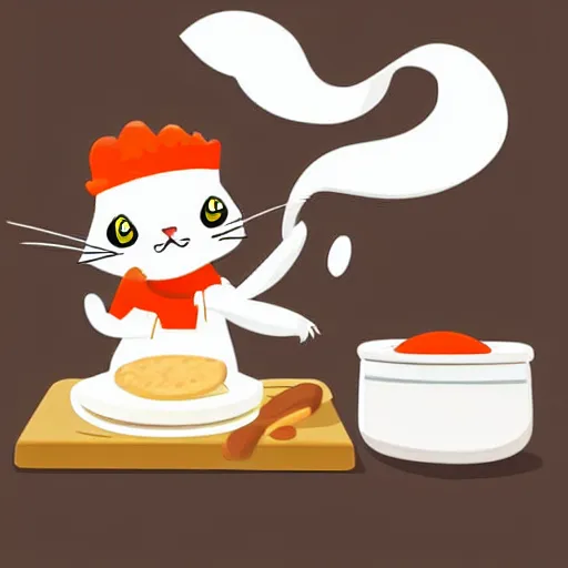 Prompt: vector art illustration, high definition, white background, of a silly cat baking cookies, in the style of anime