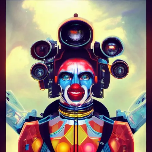 Image similar to a beautiful hyperrealistc portrait of a psychedelic mecha clown merged with hydron collider by tom bagshaw and brian sum