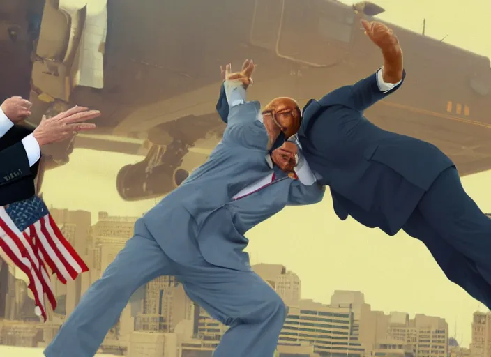 Prompt: Joe Biden kicks a fat man in the face, 8K, high quality render, highly detailed