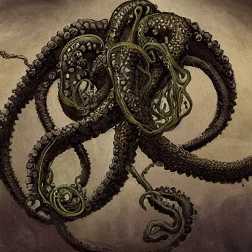 Prompt: Eldritch Horror, Lovecraft, viscerally frightening tentacle creature