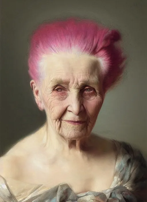 Image similar to a detailed portrait of old woman with a mohawk by edouard bisson, pink hair, punk rock, oil painting, muted colours, soft lighting