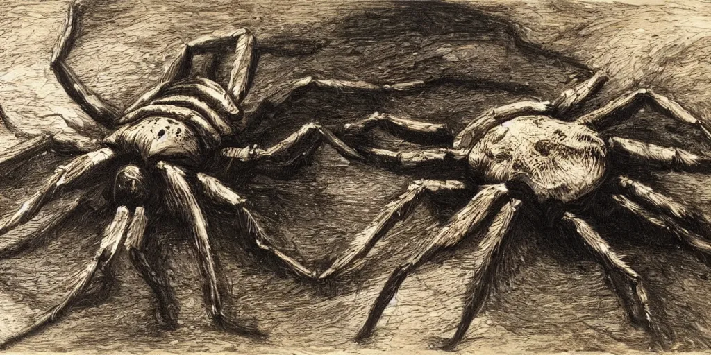 Image similar to hyperrealism Baptism on the river, monster spider in style of Goya