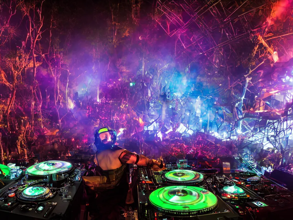 Prompt: a cyborg dj is playing a vast array of highly evolved and complex musical technology on a stage surrounded by an incredible and complex circular robotic structure playing highly evolved music overlooking a crowd at a forest festival lit by fire
