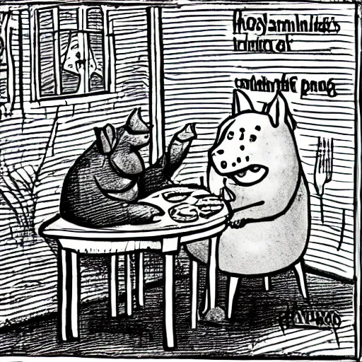 Prompt: a cartoon of a pig sitting at a table eating a human for dinner