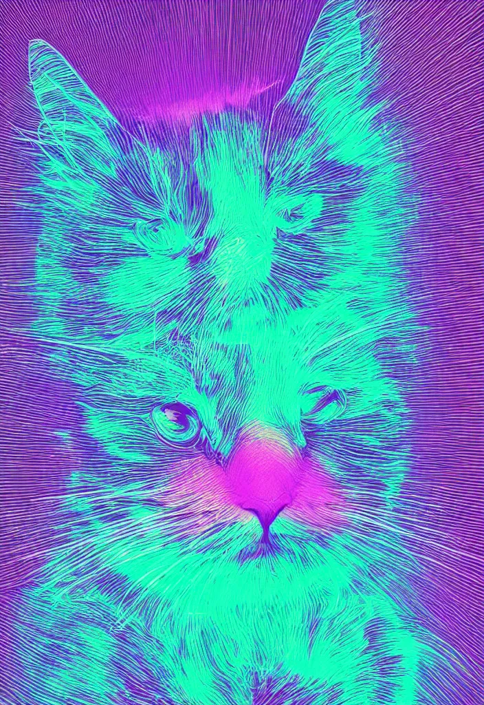 Image similar to highly detailed high resolution stacked plot of radio emissions from a pulsar, abstracted light refractions and stripy interference, making up a fluffy cat, silk screen t-shirt design in the style of FELIPE PANTONE 4K