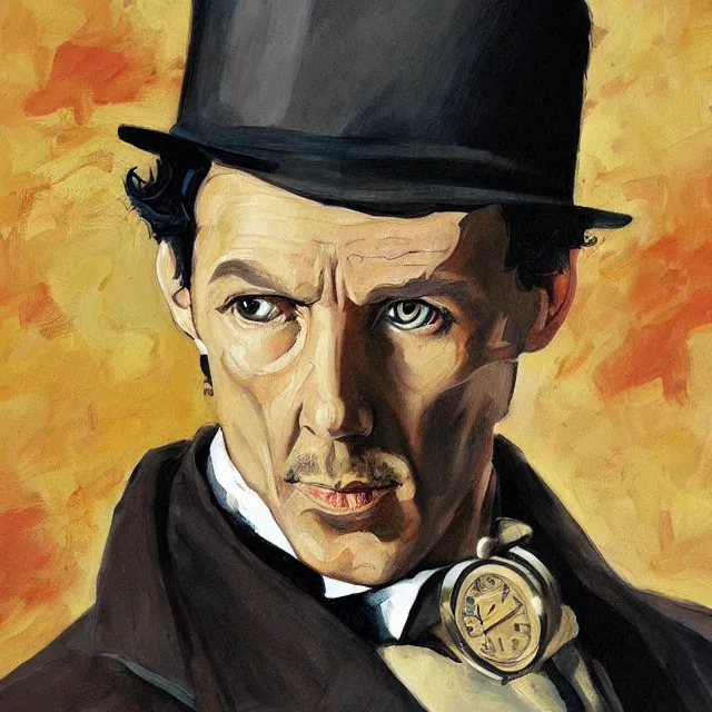 Image similar to an interesting painting of sherlock holmes, dynamic perspective, modern style