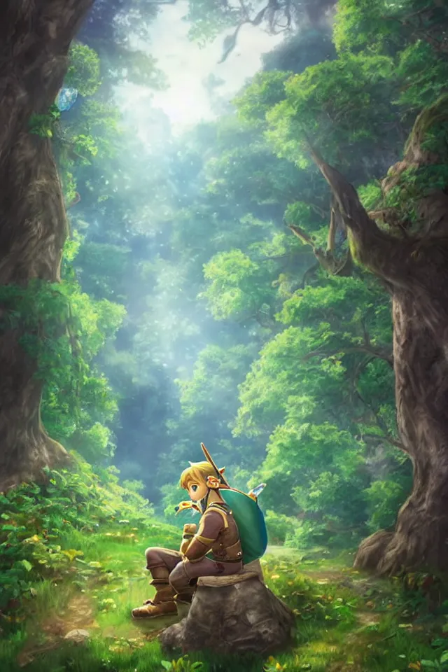 Prompt: a photorealistic portrait of link sitting in woods of hyrule playing ocarina, with a crystal texture and a dreamy atmosphere ， super wide angle ， matte painting ， rtx on ， trending on zelda ocarina of time
