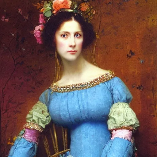 Prompt: portrait of a woman dressed in blue and pink, by howard david johnson.