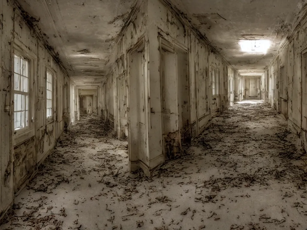 Image similar to a haunted asylum with long hallways, abandoned