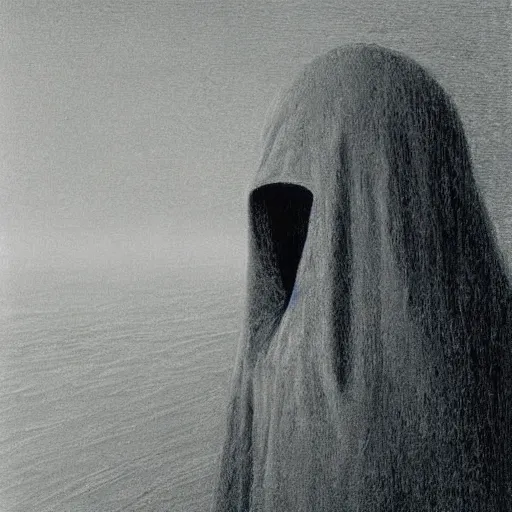 Prompt: a closeup of a hooded figure on a ferry in the underworld, charon, greek mythology, beksinski