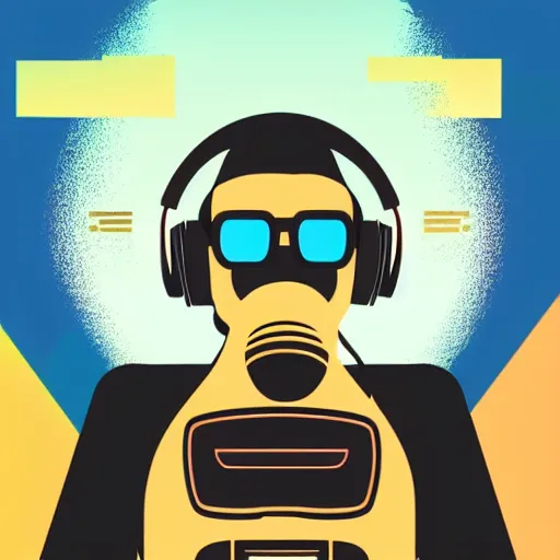 Prompt: a closeup of a elephant robot with headphones and sunglasses in retro colors, synthwave style, 2 d digital vector art