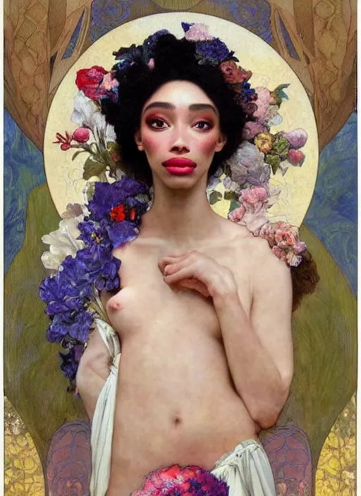 Image similar to a realistic oil painting of a beautiful young woman resembling winnie harlow, flowing robes, silk dress, peonies, crystal encrustations, underwater, fantasy art, by mucha, by bouguereau, intricate, colorful