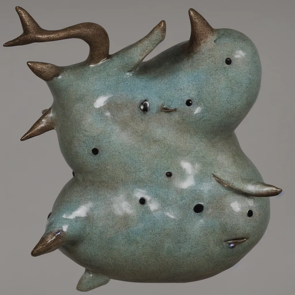 Prompt: glazed ceramic sculpture depicting a bashful narwhal, sigma 8 5 mm f / 8