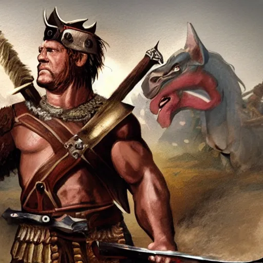 Image similar to Alex Jones as an ancient barbarian king, riding a horse into battle with an axe