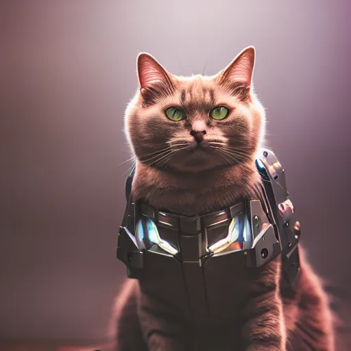 Image similar to cat in a mecha armor, moody lighting, 8 k, shallow depth of field, cinematic lighting,