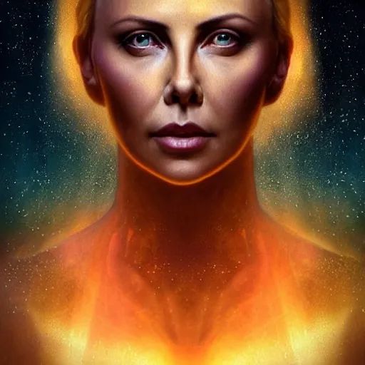 Image similar to “ seraphim deity charlize theron portrait, heavenly nebula space, atmospheric lighting, painted, intricate, volumetric lighting, beautiful, rich deep colours masterpiece, golden hour, sharp focus, ultra detailed, holographic art glowing soul emitting energy, by leesha hannigan, ross tran, thierry doizon, kai carpenter, ignacio fernandez rios ”